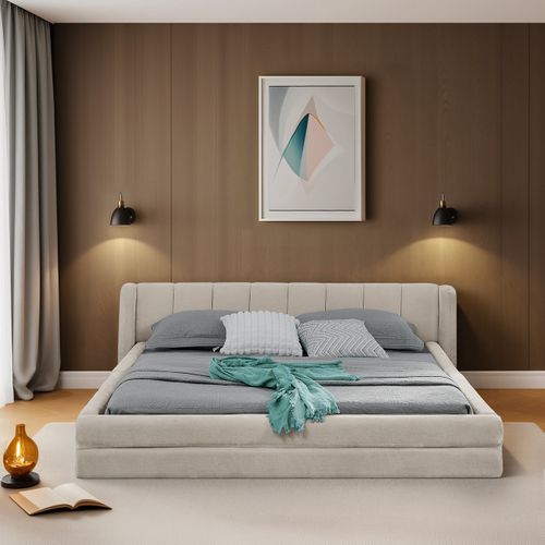 Lit Double Rembourré 140x200 Cm Lit Junior Lit Coffre Sommier à Lattes Tête Lit Style Moderne Beige