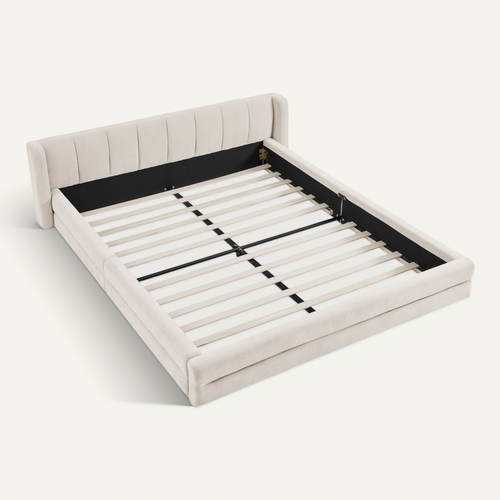 Lit Double Rembourré 140x200 Cm Lit Junior Lit Coffre Sommier à Lattes Tête Lit Style Moderne Beige