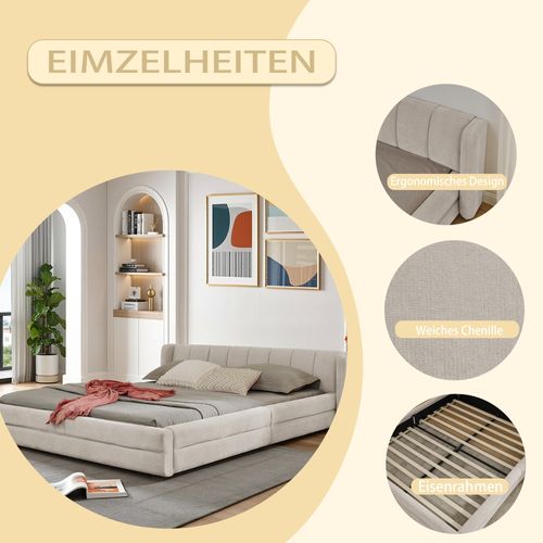 Lit Double Rembourré 140x200 Cm Lit Junior Lit Coffre Sommier à Lattes Tête Lit Style Moderne Beige