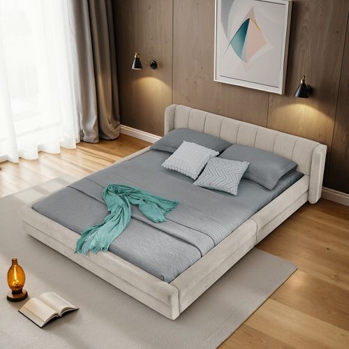 Lit Double Rembourré 140x200 Cm Lit Junior Lit Coffre Sommier à Lattes Tête Lit Style Moderne Beige