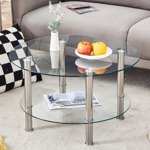 Table Basse Ronde Verre 70x70x42cm Pieds Métal Argenté Canapé-table Salon Moderne Et élégant