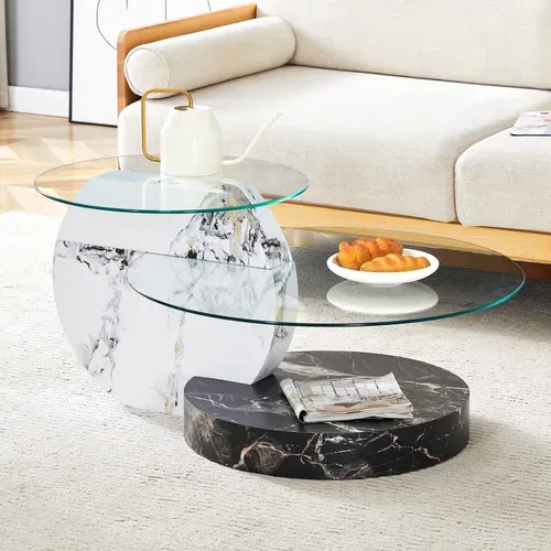 Table Basse Ronde Lot De 2 En Verre 70x50x44cm Pieds Croisés Placage Marbre Canapé Table Salon Noir