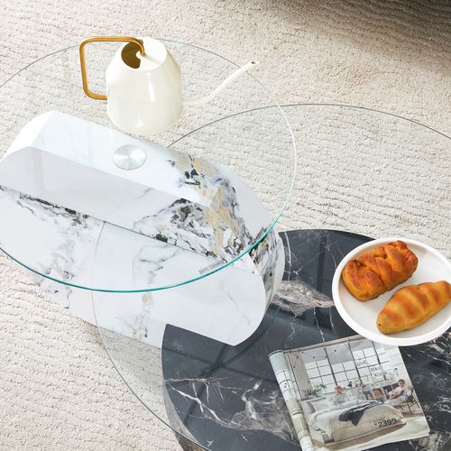 Table Basse Ronde Lot De 2 En Verre 70x50x44cm Pieds Croisés Placage Marbre Canapé Table Salon Noir