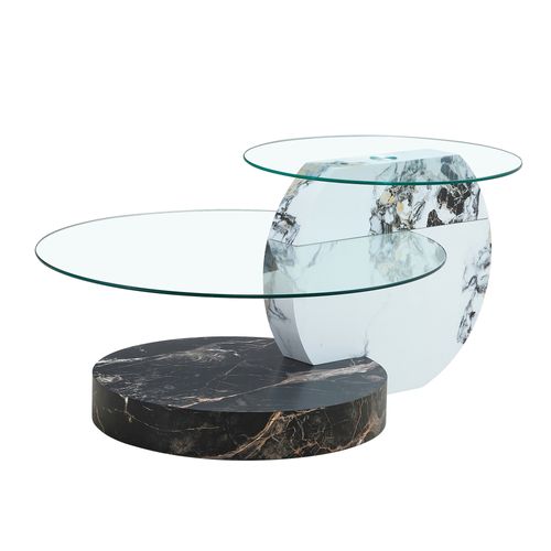 Table Basse Ronde Lot De 2 En Verre 70x50x44cm Pieds Croisés Placage Marbre Canapé Table Salon Noir