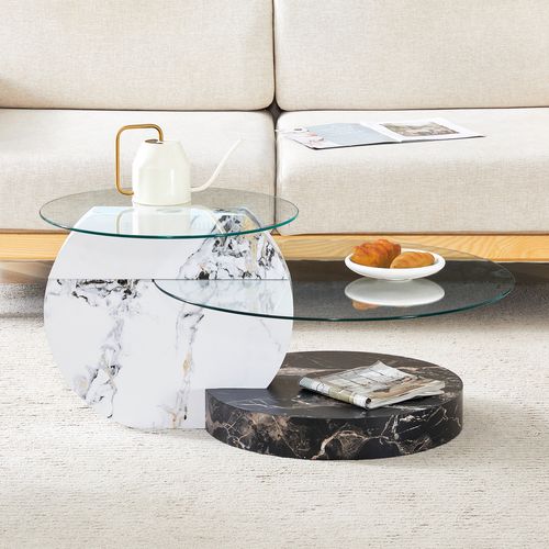 Table Basse Ronde Lot De 2 En Verre 70x50x44cm Pieds Croisés Placage Marbre Canapé Table Salon Noir