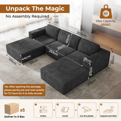 Canapé Compressé En U- 3 Places En Velours Côtelé, Noir