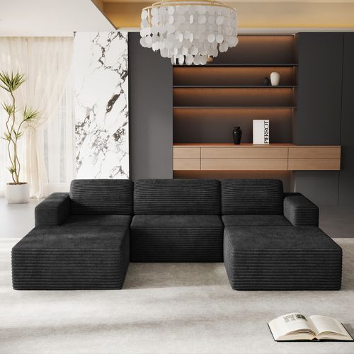 Canapé Compressé En U- 3 Places En Velours Côtelé, Noir