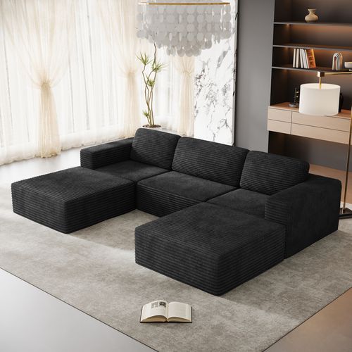 Canapé Compressé En U- 3 Places En Velours Côtelé, Noir