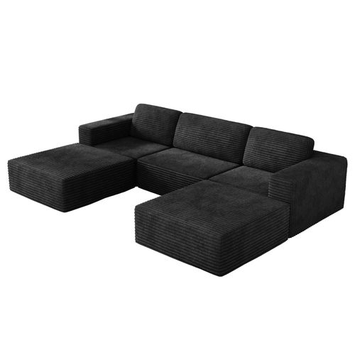 Canapé Compressé En U- 3 Places En Velours Côtelé, Noir