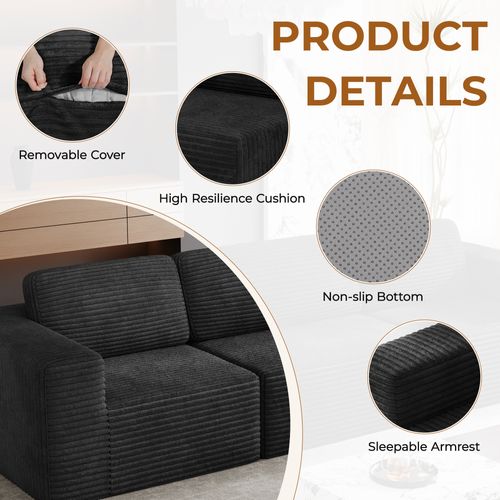 Canapé Compressé En U- 3 Places En Velours Côtelé, Noir