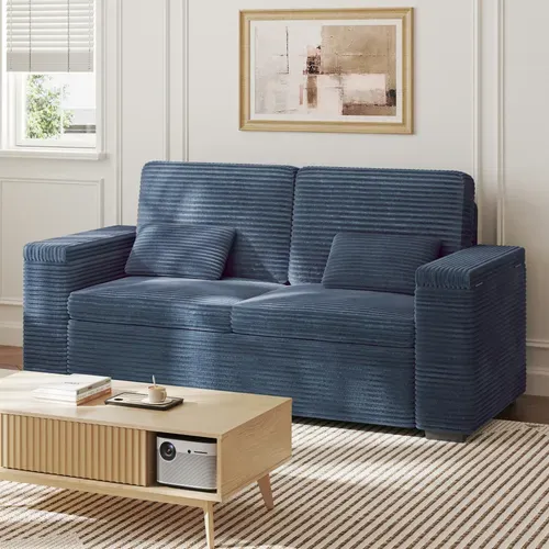 Canapé 2 Places En Velours Côtelé 180 Cm Avec Accoudoirs De Rangement -  Bleu Saphir