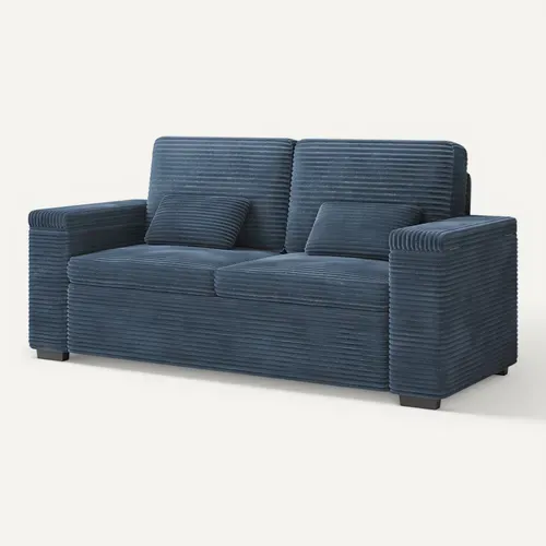 Canapé 2 Places En Velours Côtelé 180 Cm Avec Accoudoirs De Rangement -  Bleu Saphir