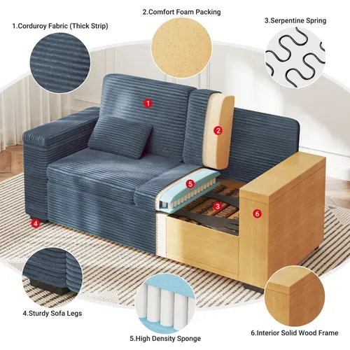 Canapé 2 Places En Velours Côtelé 180 Cm Avec Accoudoirs De Rangement -  Bleu Saphir