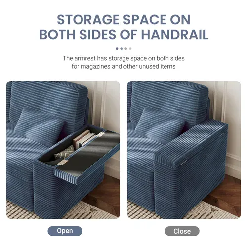 Canapé 2 Places En Velours Côtelé 180 Cm Avec Accoudoirs De Rangement -  Bleu Saphir