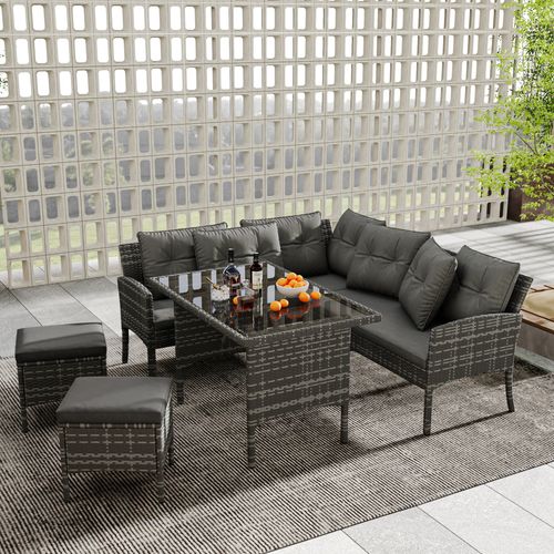 Salon De Jardin 7 Places Chaises Canapé Table à Manger 120cm 2 Banc Ensemble Jardin Rotin Gris