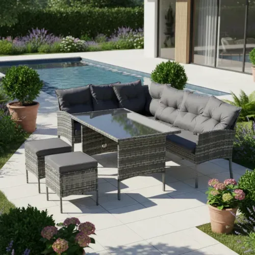 Salon De Jardin 7 Places Chaises Canapé Table à Manger 120cm 2 Banc Ensemble Jardin Rotin Gris
