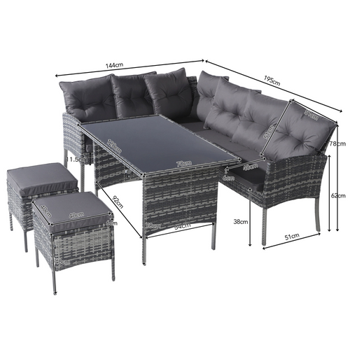 Salon De Jardin 7 Places Chaises Canapé Table à Manger 120cm 2 Banc Ensemble Jardin Rotin Gris