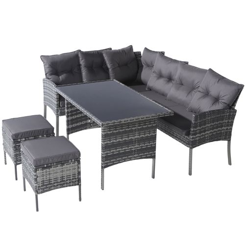 Salon De Jardin 7 Places Chaises Canapé Table à Manger 120cm 2 Banc Ensemble Jardin Rotin Gris