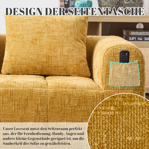 Canapé Compressé 2 Places Tissu En Chenille Jaune Méridienne Avec 2 Coussins