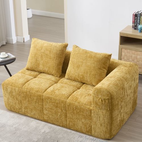 Canapé Compressé 2 Places Tissu En Chenille Jaune Méridienne Avec 2 Coussins
