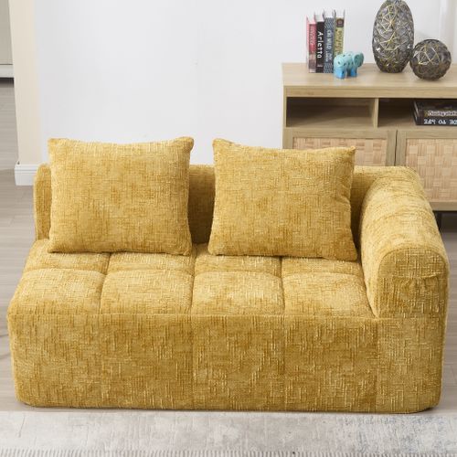 Canapé Compressé 2 Places Tissu En Chenille Jaune Méridienne Avec 2 Coussins