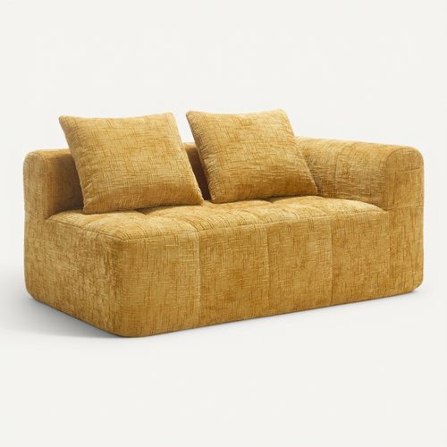 Canapé Compressé 2 Places Tissu En Chenille Jaune Méridienne Avec 2 Coussins
