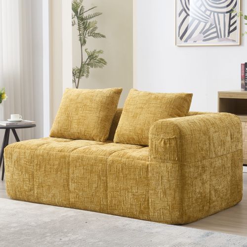 Canapé Compressé 2 Places Tissu En Chenille Jaune Méridienne Avec 2 Coussins