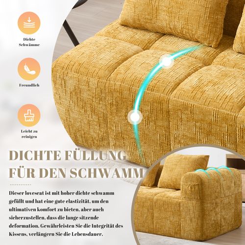 Canapé Compressé 2 Places Tissu En Chenille Jaune Méridienne Avec 2 Coussins