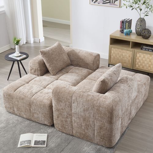 Canapé Compressé 2 Places Tissu En Chenille Méridienne Kaki Avec 1 Coussin