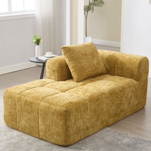 Canapé Compressé 2 Places Tissu En Chenille Méridienne Jaune Avec 1 Coussin