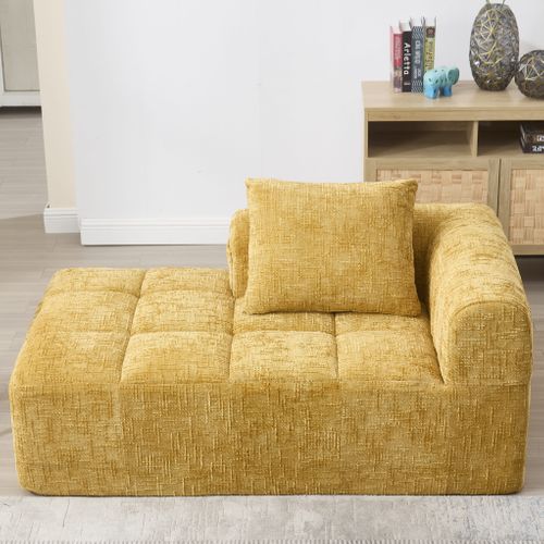 Canapé Compressé 2 Places Tissu En Chenille Méridienne Jaune Avec 1 Coussin