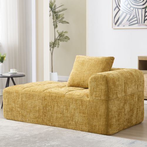 Canapé Compressé 2 Places Tissu En Chenille Méridienne Jaune Avec 1 Coussin