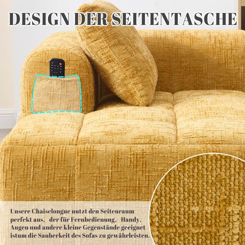 Canapé Compressé 2 Places Tissu En Chenille Méridienne Jaune Avec 1 Coussin