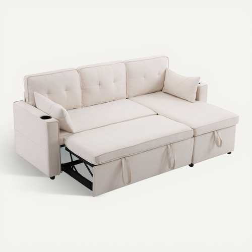 Canapé Lit Convertible 3 Places Avec Espace De Rangement,211x130x86cm,beige