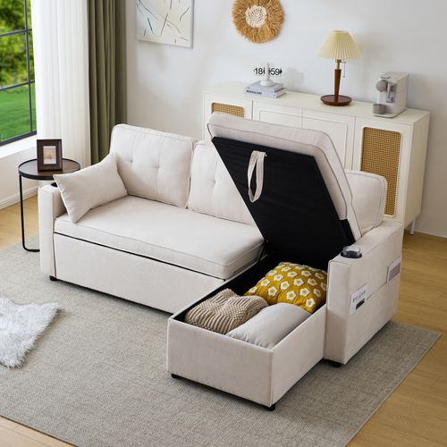 Canapé Lit Convertible 3 Places Avec Espace De Rangement,211x130x86cm,beige