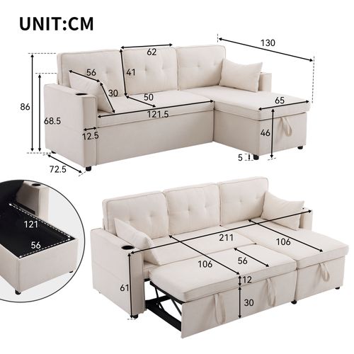 Canapé Lit Convertible 3 Places Avec Espace De Rangement,211x130x86cm,beige