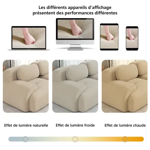 Canapé Modulaire 2 Places 208cm En Velours Côtelé Beige,siège Extra Profond