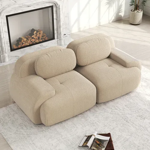 Canapé Modulaire 2 Places 208cm En Velours Côtelé Beige,siège Extra Profond