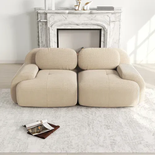 Canapé Modulaire 2 Places 208cm En Velours Côtelé Beige,siège Extra Profond