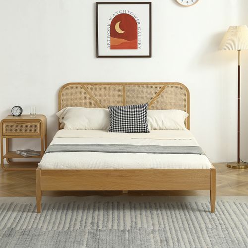 Lit Adulte 140x190 Cm En Placage Chêne Avec Tête De Lit En Bois Massif Et Cannage Naturel - Leonie