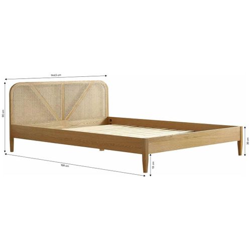 Lit Adulte 140x190 Cm En Placage Chêne Avec Tête De Lit En Bois Massif Et Cannage Naturel - Leonie