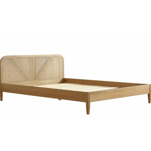 Lit Adulte 140x190 Cm En Placage Chêne Avec Tête De Lit En Bois Massif Et Cannage Naturel - Leonie