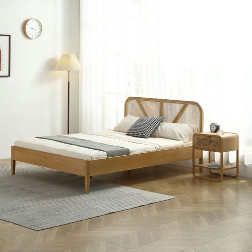 Lit Adulte 140x190 Cm En Placage Chêne Avec Tête De Lit En Bois Massif Et Cannage Naturel - Leonie