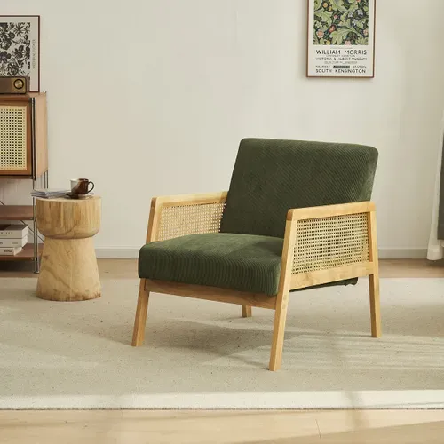 Fauteuil En Cannage Et Velours Côtelé Vert - Mani