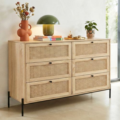 Commode 6 Tiroirs En Cannage Naturel Et Effet Chêne 120 Cm - Iris