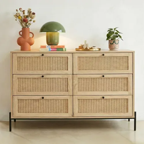 Commode 6 Tiroirs En Cannage Naturel Et Effet Chêne 120 Cm - Iris