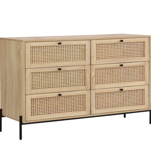 Commode 6 Tiroirs En Cannage Naturel Et Effet Chêne 120 Cm - Iris