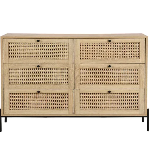 Commode 6 Tiroirs En Cannage Naturel Et Effet Chêne 120 Cm - Iris