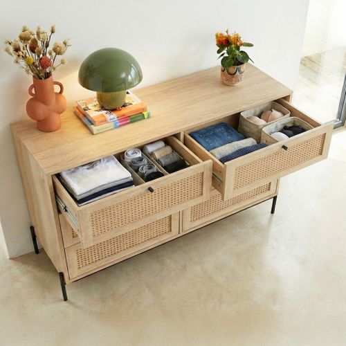 Commode 6 Tiroirs En Cannage Naturel Et Effet Chêne 120 Cm - Iris