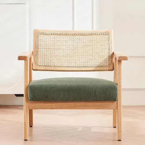 Fauteuil En Velours Côtelé Vert Et Cannage Naturel - Tim